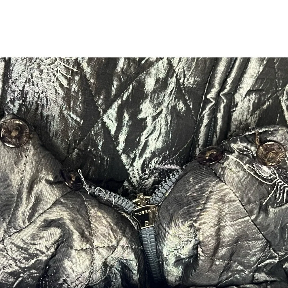 Leomarina Boutique Women Jacket Grey Quilted Embroidered Full Zip Side Pockets‎
